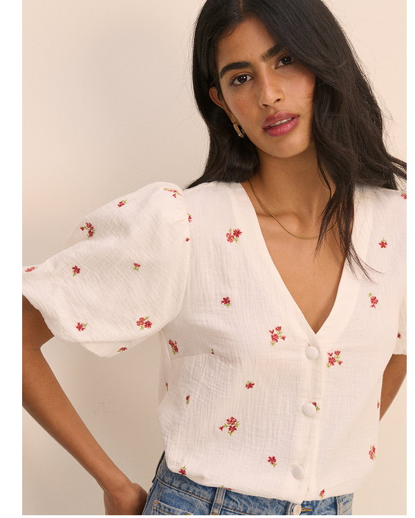 Cream and Red Floral Puff Sleeve Top