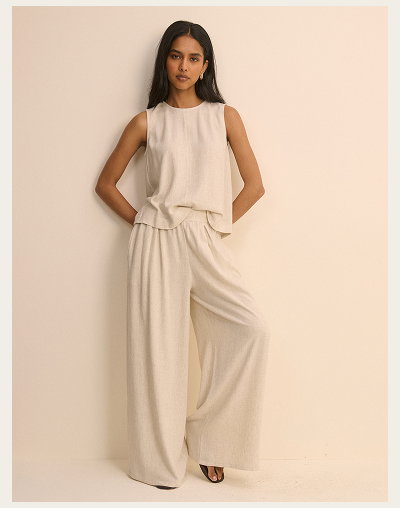 Cream Linen-Blend Low Waisted Straight Leg Trousers