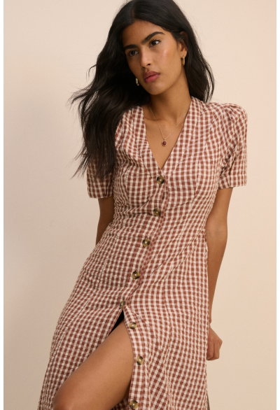 Brown Gingham Button Front Zeyna Midi Dress