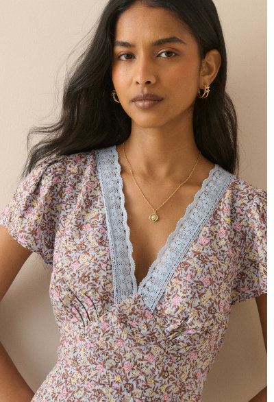 Blue Ditsy Floral Lace Trim Kacey Midi Dress