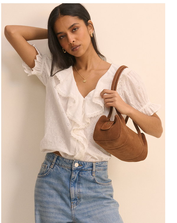 White Floral Broderie Ruffle Trim Top
