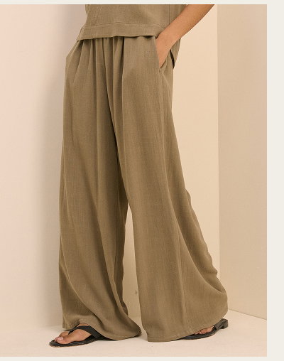 Khaki Linen-Blend Low Waisted Straight Leg Trousers