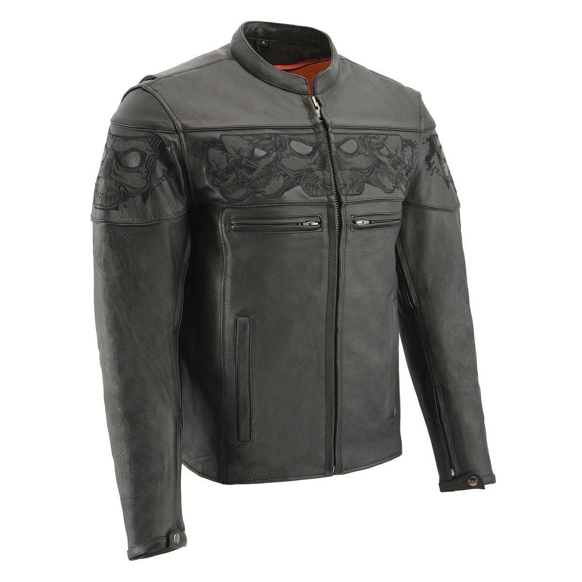 Image of Milwaukee Leather MLM1501 Men's Reflective Skulls Premium Black Leather Motorcycle Jacket w/ Cool-Tec Treatement