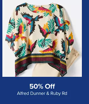 50% off Alfred Dunner and Ruby Rd. Shop now. A womens shirt with parrot prints on it.