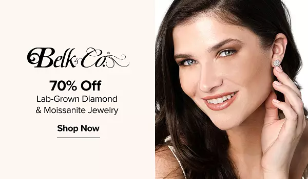 Image of a woman wearing stud earrings. Belk & Co. logo. 70% off lab-grown diamond & moissanite jewelry. Shop now.