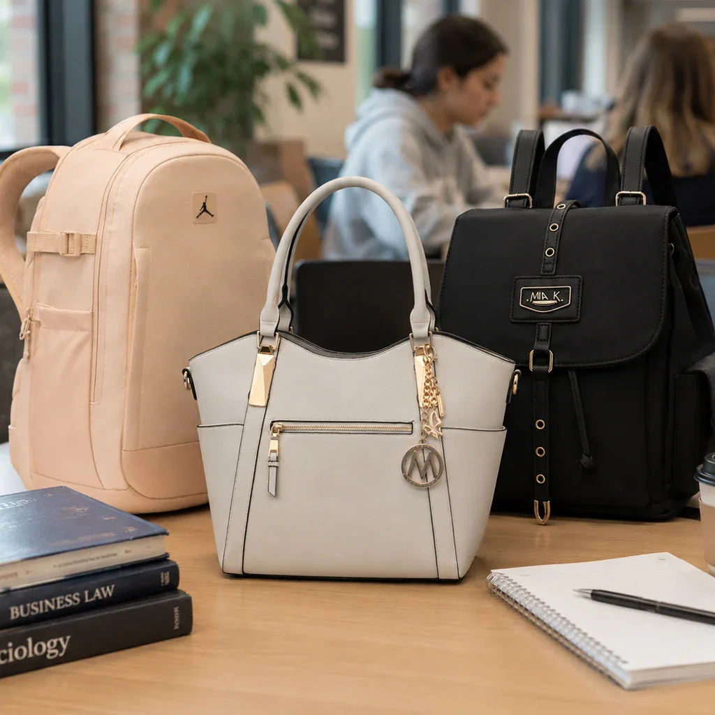 Three stylish backpacks and handbags displayed on a wooden desk with textbooks and notebooks in an office setting.