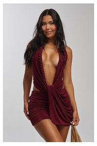 TIED TO YOU KNOTTED MINI DRESS IN BURGINDY