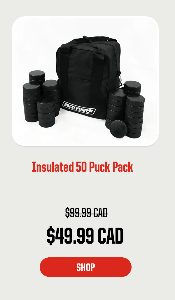 Product Block 3: Insulated 50 Puck Pack. $49.99 CAD (was $99.99 CAD). CTA: Shop