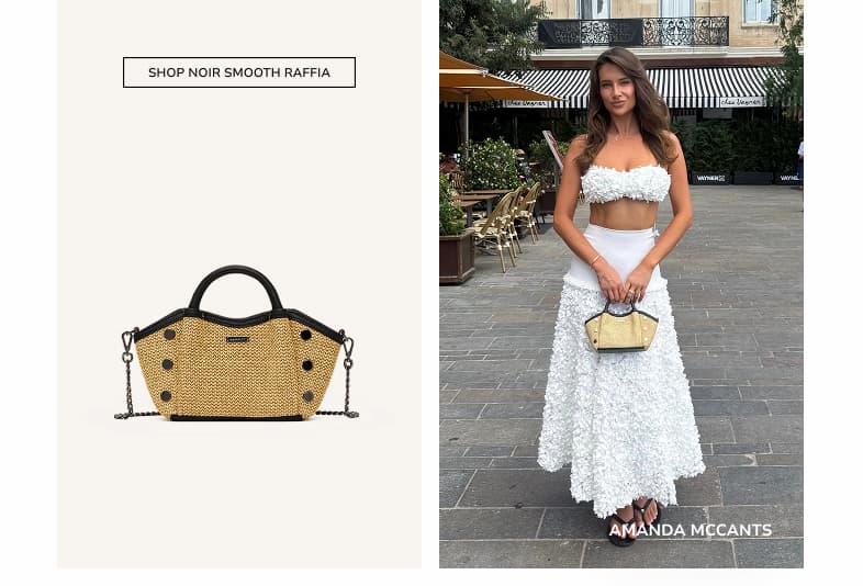 Model Amanda McCants carrying the Hammitt Paul Crossbody Sml in Noir Smooth Raffia.