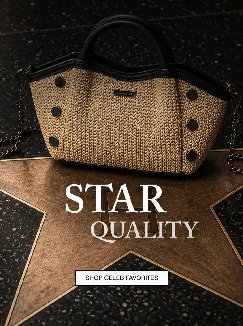 Hammitt Paul Crossbody Sml in Noir Smooth Raffia featured against a Hollywood Walk of Fame–inspired backdrop.