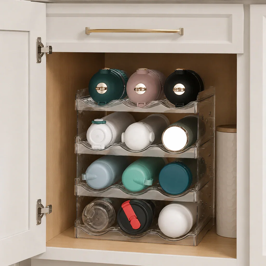 Organized cabinet shelf displaying colorful storage containers in clear acrylic drawer organizers labeled 