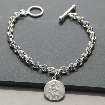 Image of Sterling Silver T-Bar Bracelet With St Christopher Charm & Optional Engraving