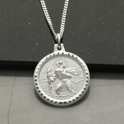 Image of Sterling Silver Double Diamond Cut 20mm St Christopher Pendant With Optional Engraving and Chain