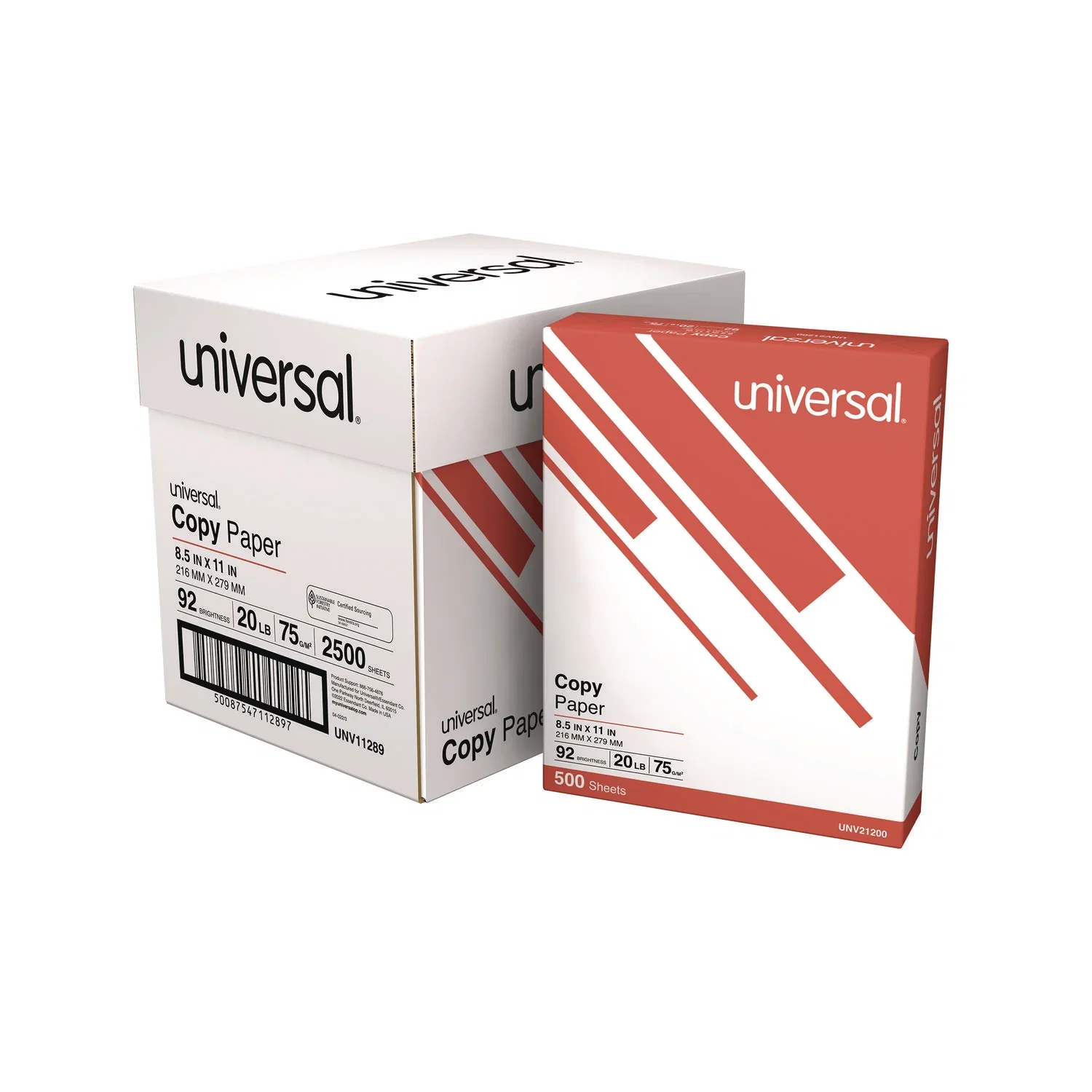 Image of Universal® Copy Paper Convenience Carton, 92 Bright, 20 lb Bond Weight, 8.5 x 11, White, 500 Sheets/Ream, 5 Reams/Carton (UNV11289)