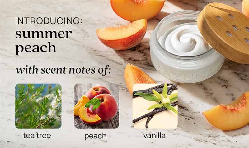 introducing: summer peach with scent notes of: tea tree, peach and vanilla