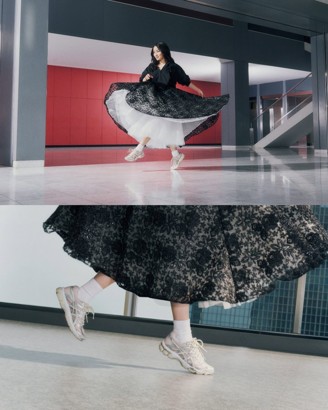 Woman twirling in flowing black floral skirt and white petticoat, wearing trainers and socks in modern atrium