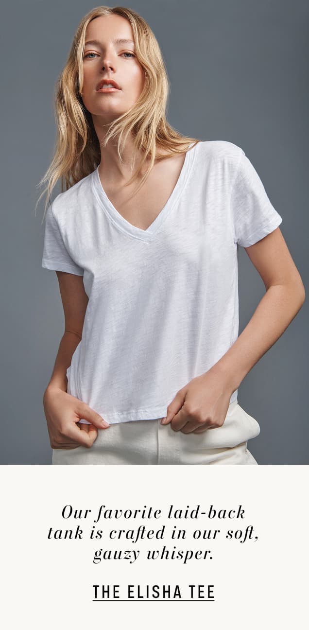 Image shows a model wearing the Elisha Top in White. Text reads: “It's such a simple and sexy basic, fits great and very soft to the touch.”