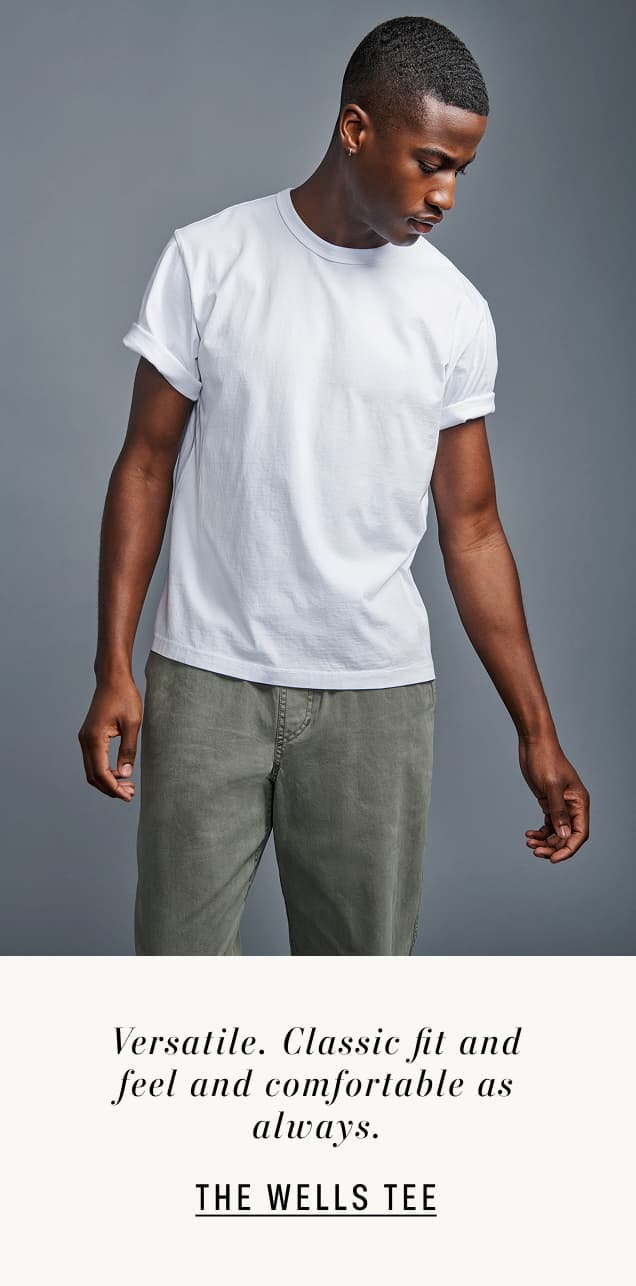 Image shows a model wearing the Wells Top in White. Text reads: Versatile. Classic fit and feel and comfortable as always.