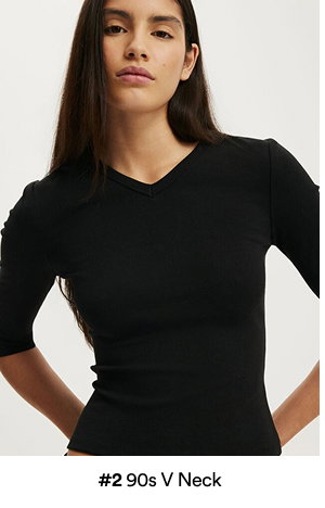 #290s V Neck black long sleeve top on model