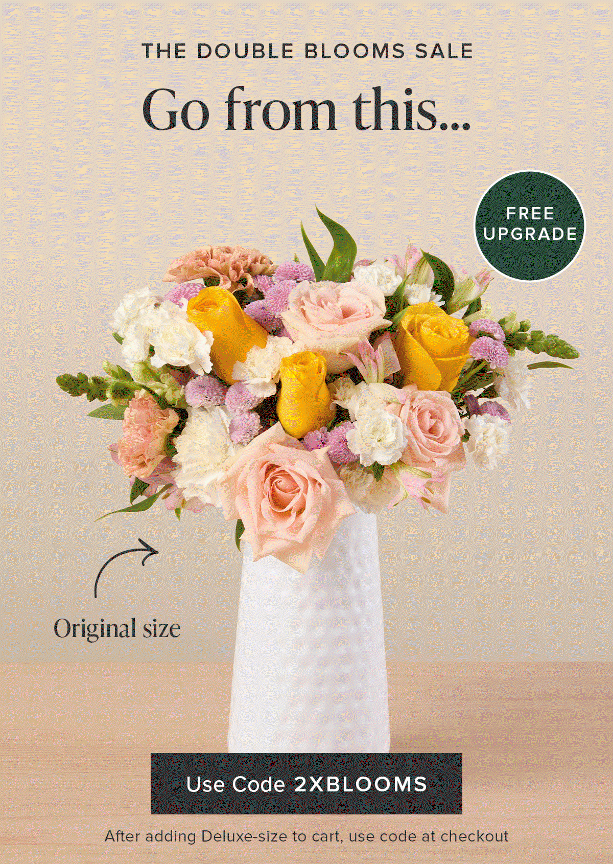 The Double Blooms Sale: Free Upgrade. Go from an original size to a deluxe for FREE. Use code 2XBLOOMS