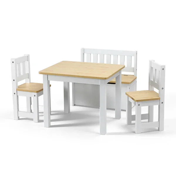 2 in 1 Kids Table and Chair Set, Activity Table with Storage Bench and 2 Chairs for Reading, Drawing, Writing, Snack Time & Arts Crafts, 4 PCS Toddler Table and Chair Set, Natural