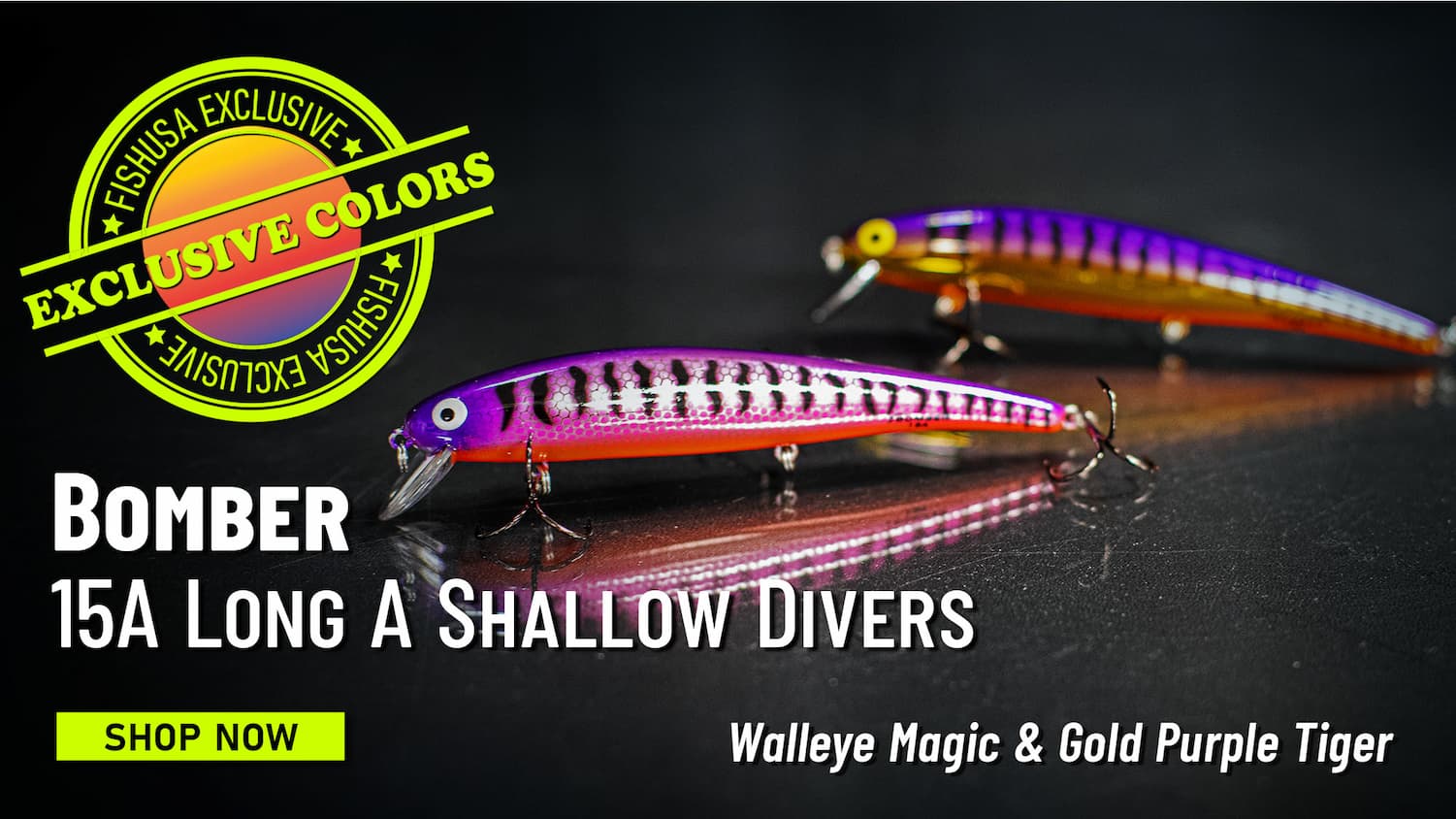 FishUSA Exclusive Colors Bomber 15A Long A Shallow Divers Walleye Magic & Gold Purple Tiger Shop Now