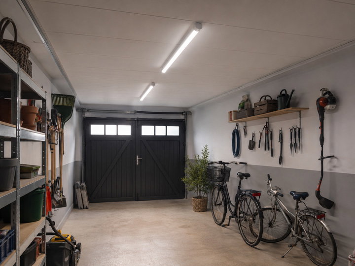 A garage with bicycles parked inside and lights on the ceiling
