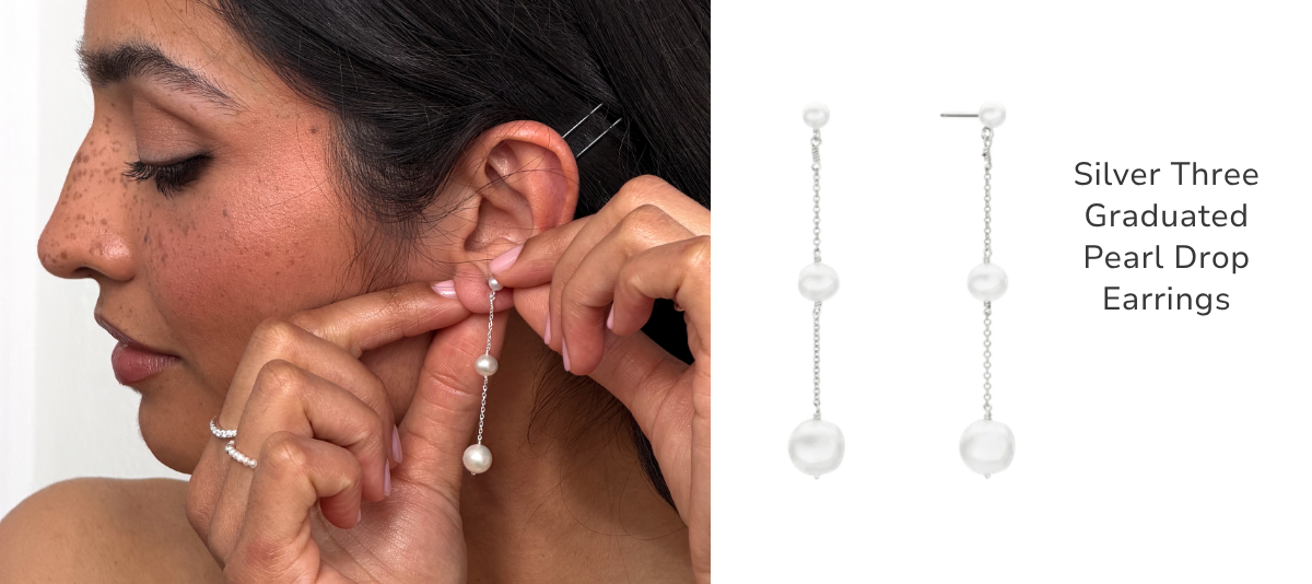 Silver Three Graduated Pearl Drop Earrings