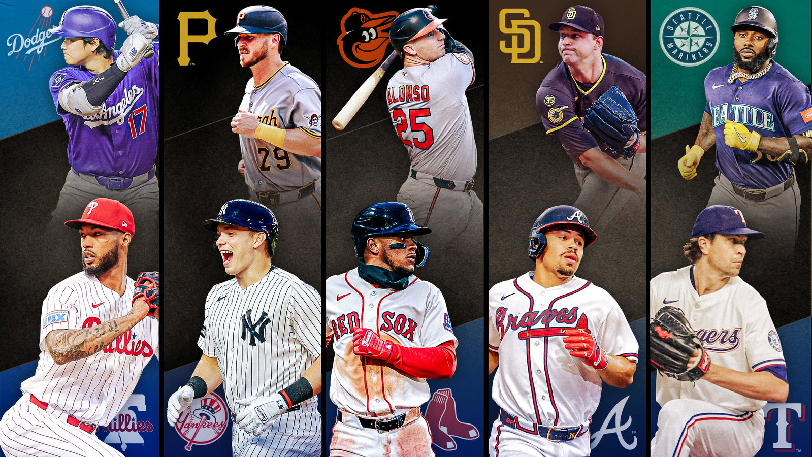Images of 10 players with their team logos behind them, representing 5 series to watch this week