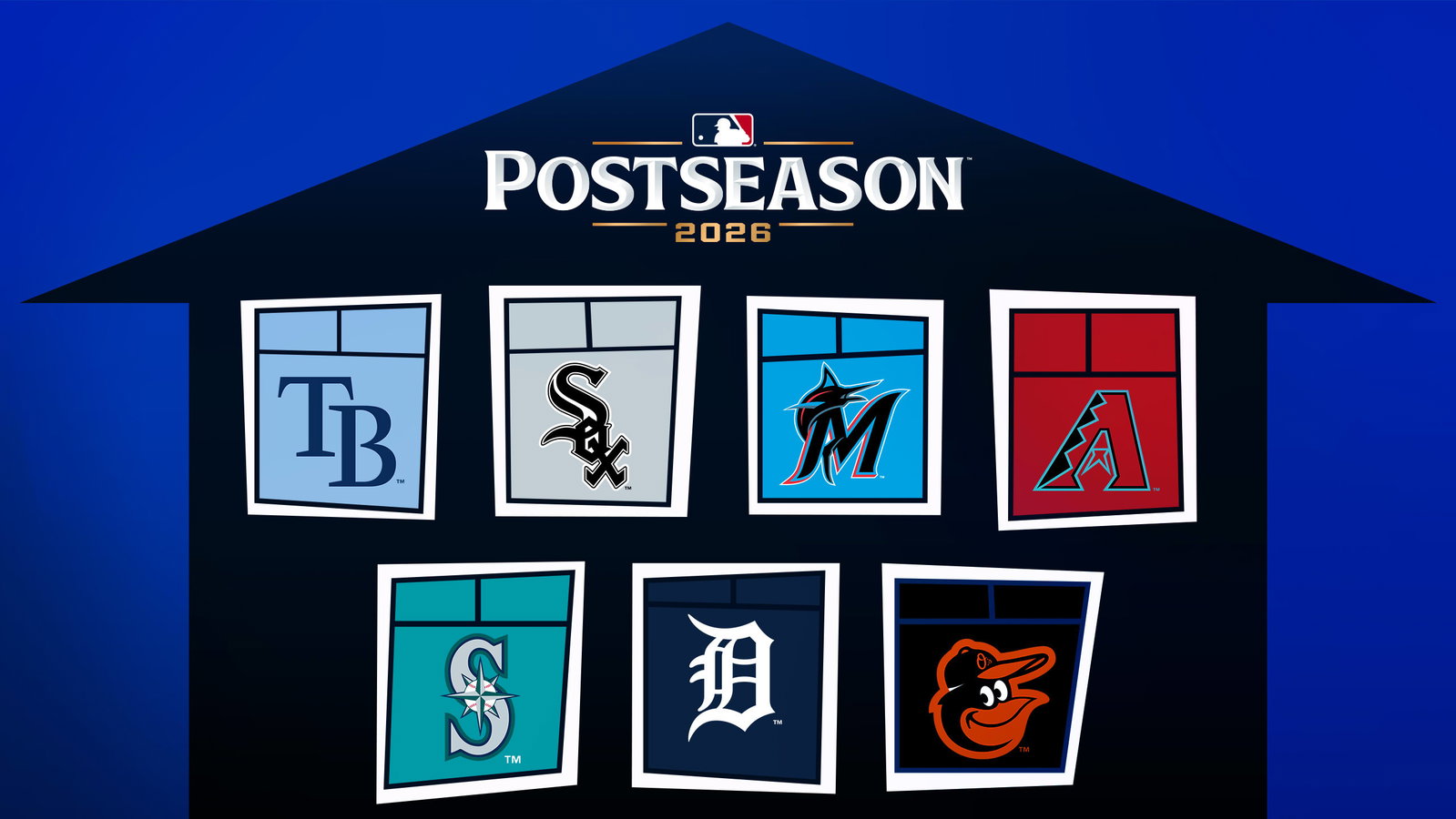A designed image of a house with team logos behind each of seven windows