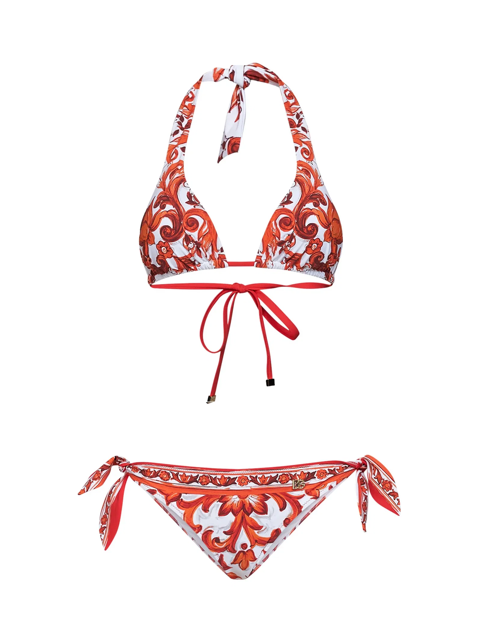 Image of Orange Maiolica-print lycra bikini