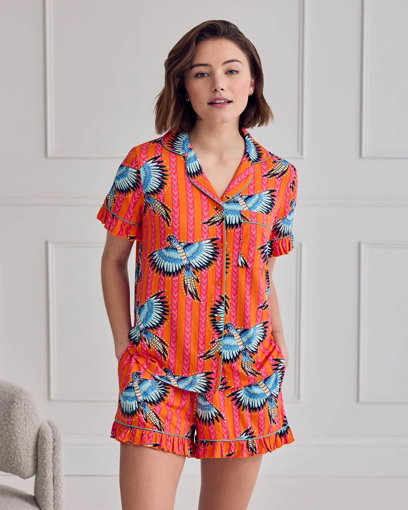 Image of Parrot Stripe Print Frill Short Pyjama Set