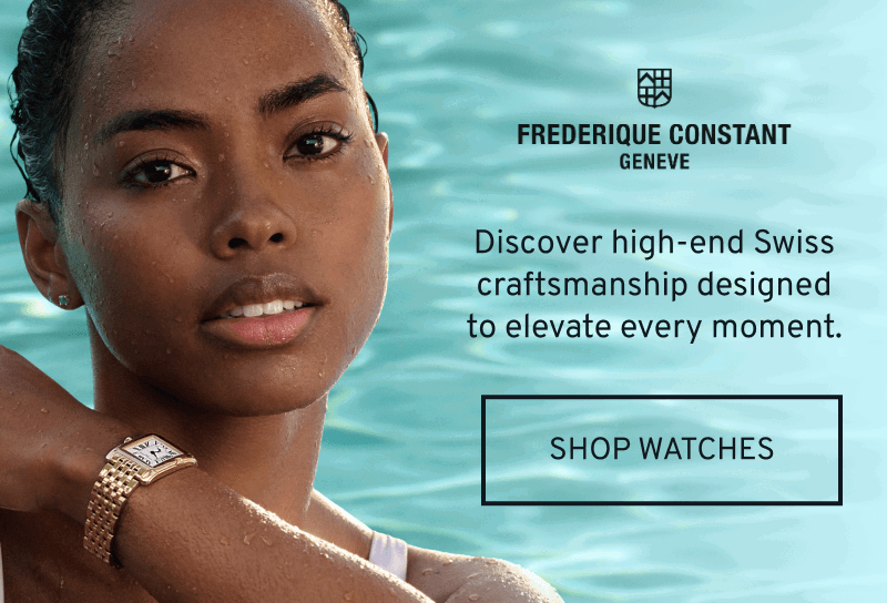 Model in a pool wearing a gold watch Discover high-end Swiss craftsmanship. Click to Shop Frederique Constant Watches