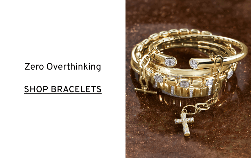 A stack of gold Shy Creation bracelets. Zero overthinking. Click to Shop Shy Creation Bracelets