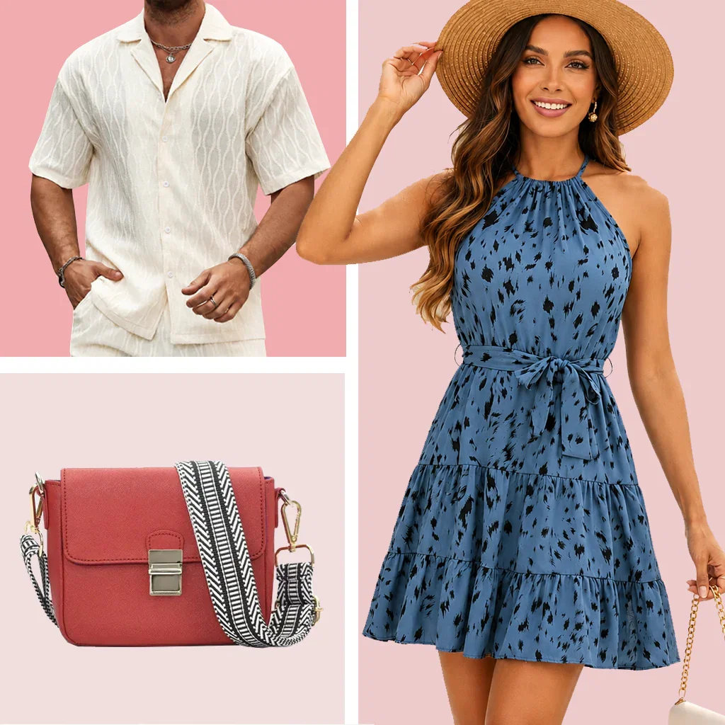 Modern Style by MANDOTOS: man in cream linen shirt, woman in blue patterned dress with hat, red crossbody bag displayed.
