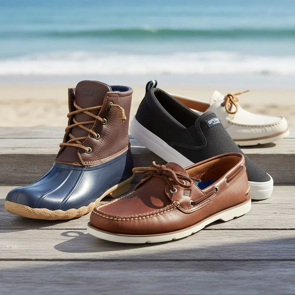 Sperry Favorites collection of boat shoes and duck boots displayed on a wooden dock overlooking the beach and ocean.