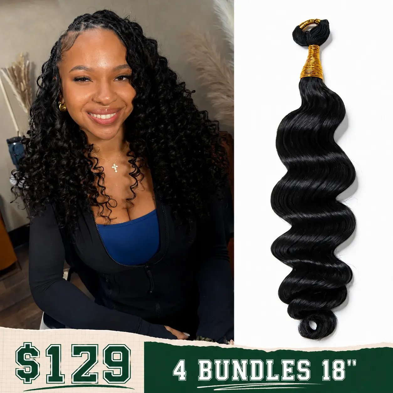 Loose Deep Wave Human Crochet Hair with Extended Thread for Feed-In Braiding