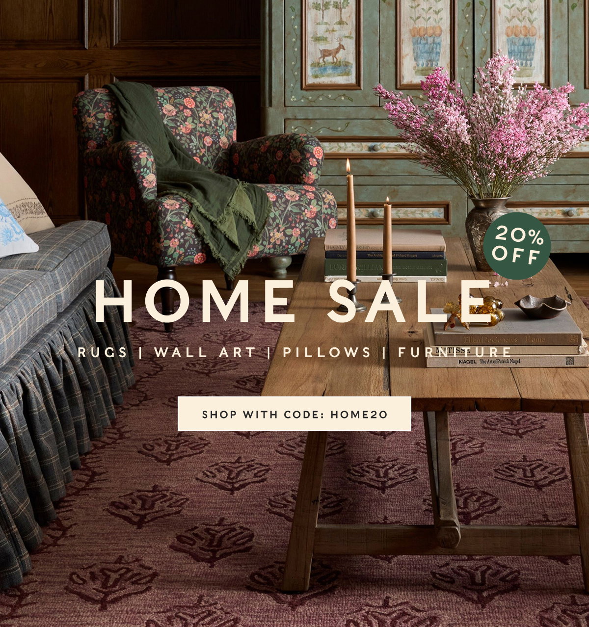 20% off home sale | rugs | wall art| pillows | furniture