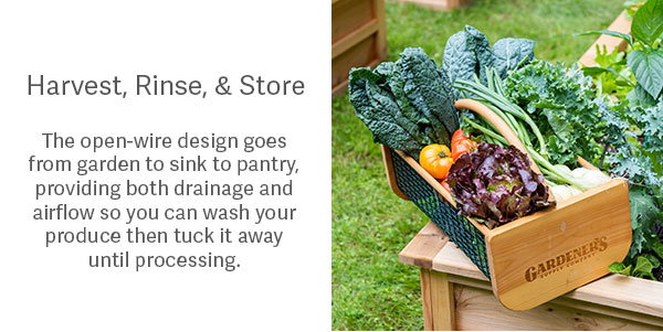 Harvest, Rinse, & Store  The open-wire design goes from garden to sink to pantry, providing both drainage and airflow so you can wash your produce then tuck it away until processing.