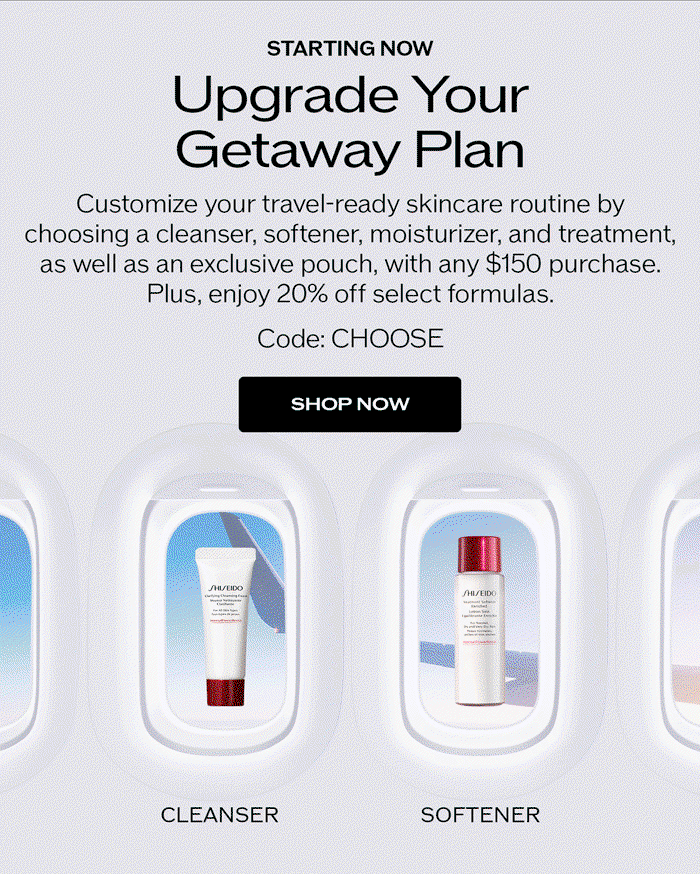 Customize your travel-ready skincare routine by choosing a cleanser, softener, moisturizer and treatment, plus an exclusive pouch, with any $150 purchase.