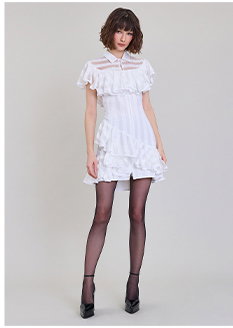White Tonal Striped Dress with Cascading Ruffles