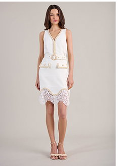 Moon White and Gold Tweed Sleeveless Dress With Scalloped Hem