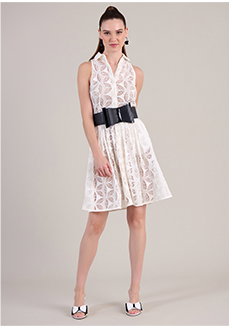 White Sleeveless Knee-Length Shirt Dress With Eyelet Pattern