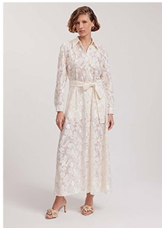 White Full Length Sheer Shirt Dress With Embroidered Flowers