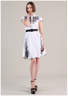 White Poplin Shirt Dress With Black Embroidery Detailing, Scalloped Hem, Pockets & Removable Belt