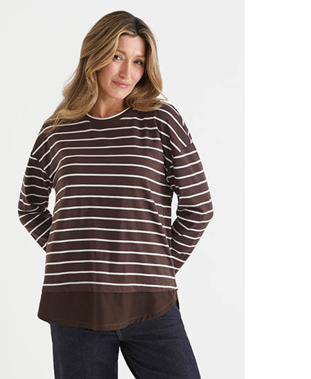 Stripe Layered Hem Top - Chocolate