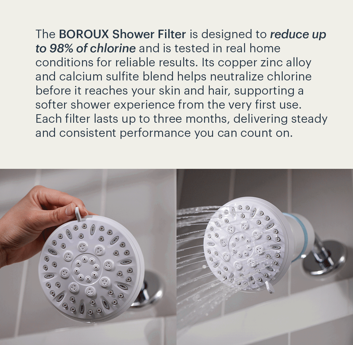 BOROUX Shower Filter is designed to reduce up to 90% of chlorine