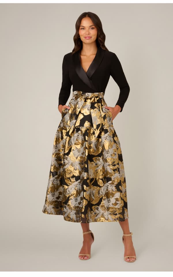 Petite Combo Floral Jacquard Dress In Black Gold
