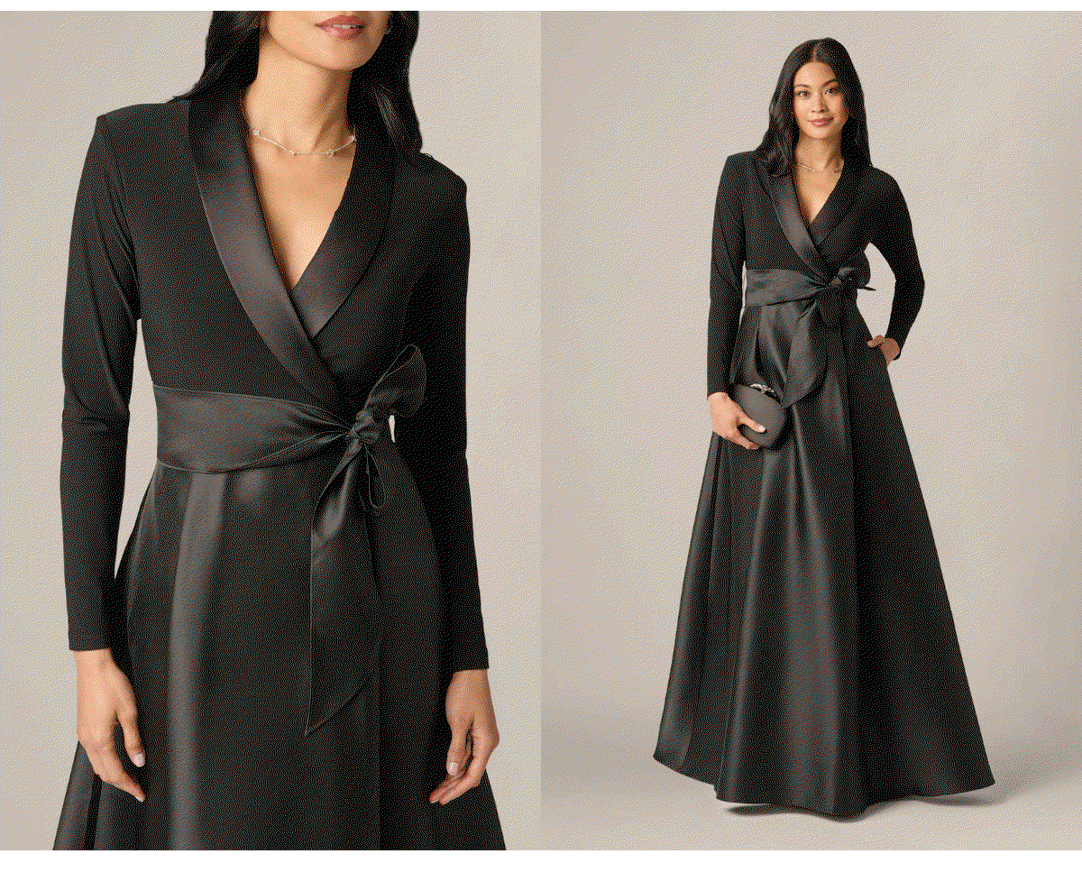 Long Sleeve Sash Belt Tuxedo Combo Gown In Black