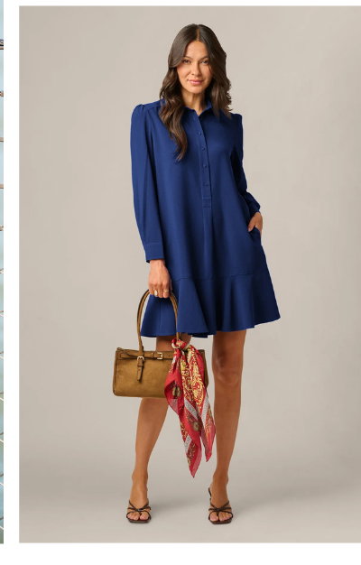 Long Sleeve Flounce Hem Hailey Dress In Classic Navy